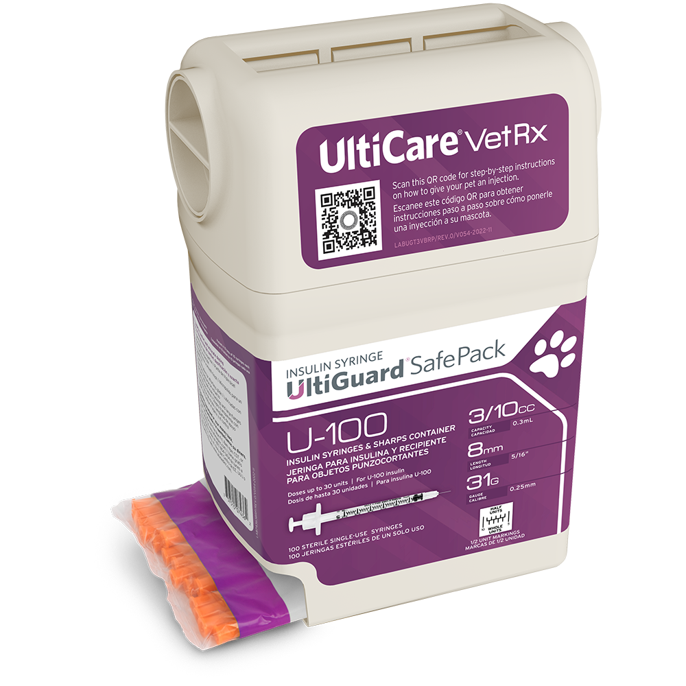 UltiCare VetRx UltiGuard Safe Pack U-100 Insulin Syringes 3/10 mL/cc 8mm (5/16") x 31G Half Unit Marking