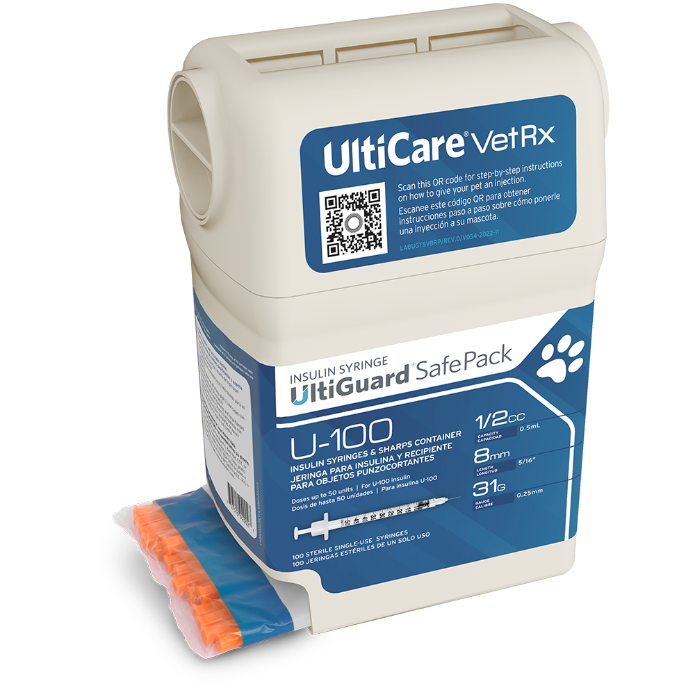 UltiCare VetRx UltiGuard Safe Pack U-100 Insulin Syringes 1/2 mL/cc 8mm (5/16") x 31G